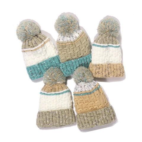 Berretto In Maglia Invernale Trecce Patchwork A Righe Con Grande Pompon Fodera In Pile Caldo Donna
