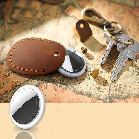 Retro Genuine Crazy Horse Leather Key Holder Case For Airtag Access Card Handmade Stitching Brass Keychain