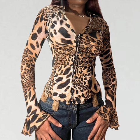 Luipaardprint Blouse Lange Mouw V Hals Geplooid Slim Fit Uitlopende Manchetten Polyester Spandex Sexy Top Dames