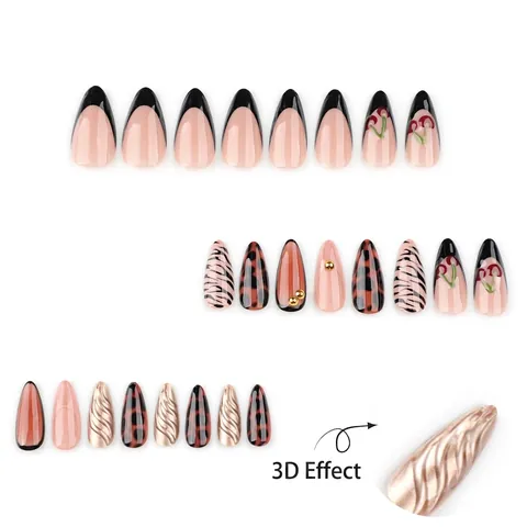 Amandelvormige Kunstnagels 3D Kersendesign Zebra Luipaardprint Franse Zwarte Punten Gouden Kralen Kunstmatige Nagels