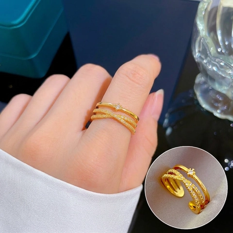 Layered Criss Cross Open Ring Gold Plated Alloy With Cubic Zirconia Adjustable Minimalist Luxury Jewelry For Women