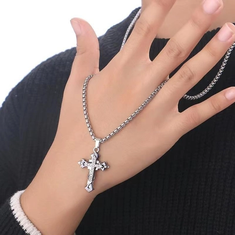 Cross Pendant Necklace Alloy Rhinestone Multi Layer Hip Hop Gothic Jewelry For Men Unisex Silver Color
