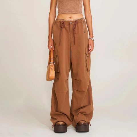 Pantalones Cargo De Algodón Para Mujer Pierna Ancha Cintura Con Cordón Bolsillos Múltiples Plisado Retro Streetwear