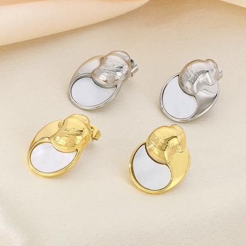 Stainless Steel Crescent Earrings With White Shell Inlay Minimalist Spiral Geometric Stud Earrings For Women
