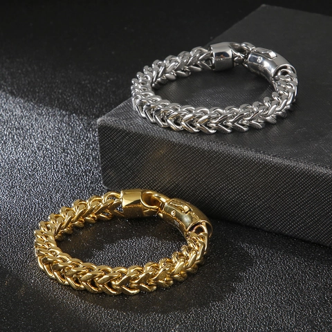 Bracelet Chaîne Franco Homme Acier Inoxydable 316L Tissage Double Rangée Style Hip Hop Industriel Bijoux Polis