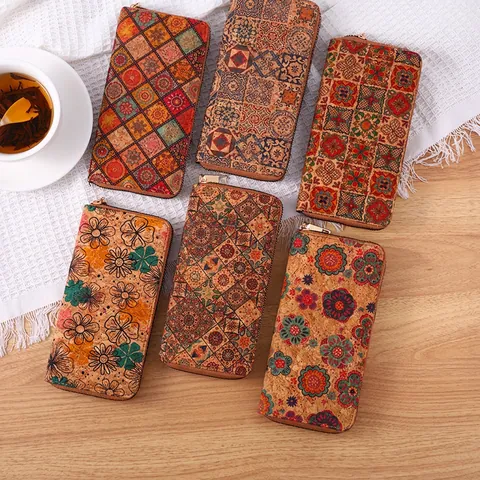 Bohemian Mandala Floral Printed Cork Texture Women Wallet Zipper Clutch Card Holder Multi Slot Vintage Style