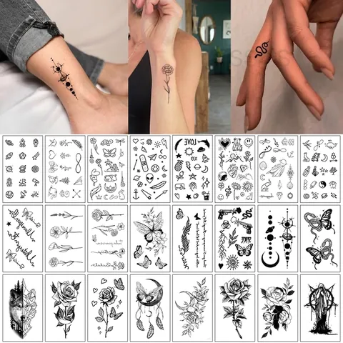 Temporary Tattoo Stickers Waterproof Sketch Line Flower Butterfly Geometric Body Art Men Women Black Ink