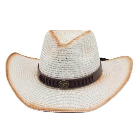 Western Cowboy Hat Woven Straw Wide Brim Sun Protection Faux Leather Band Metal Bull Head Emblem Breathable Outdoor