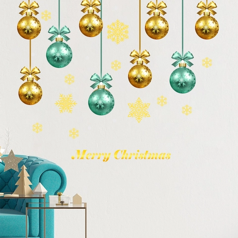 Weihnachtsball Schneeflocke Wandaufkleber PVC Selbstklebend Frohe Weihnachten Fensteraufkleber Für Haus Feiertagsdekor Gold Blau