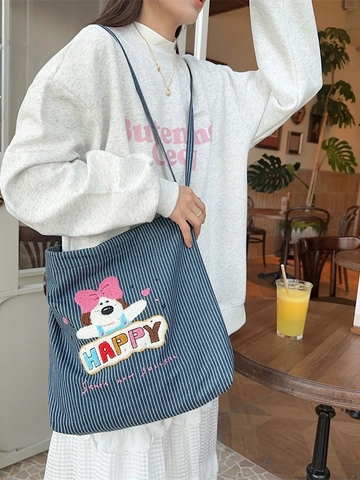 Sac Cabas En Toile Rayée Broderie Chien Dessin Animé Kawaii Grande Capacité Sac À Épaule Décontracté Pour Femmes Style Coréen
