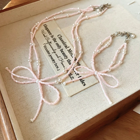 Collar De Cuentas Con Lazo Rosa Doble Capa Acrílico Perla Artificial De Imitación Cadena De Clavícula Joyería Dulce Para Mujer