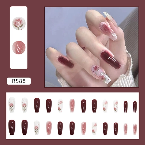 Uñas Postizas Largas Tipo Ataúd Rojo Vino Brillante Diseños Florales De Rosas Manicura Artificial Para Mujeres