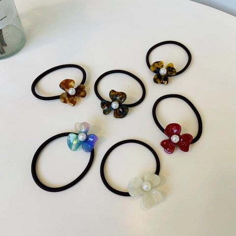 Floral Hair Ties Acetate Resin Three Petal Flower Faux Artificial Pearl Elastic Hair Bands Elegant Korean Style Ponytail Holders