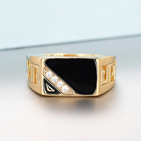 Signet Ring Gold Plated Copper With Black Enamel And Cubic Zirconia Greek Key Meander Vintage Style Men Unisex