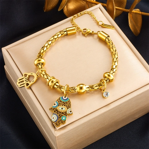Mode Retro Vergoldet Edelstahl Hand Der Fatima Böser Blick Charm Armband Für Damen Strass Palme Anhänger Schmuck Geschenk