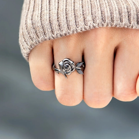 Black Rose Flower Ring 925 Sterling Silver Gothic Style Minimalist Fashion Jewelry With Black Gemstone For Women