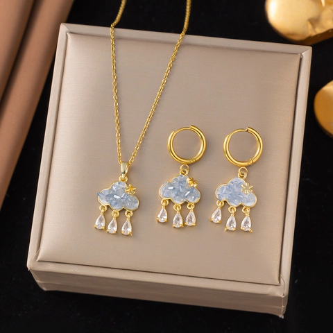 Parure de Bijoux en Acier Inoxydable Style Fée pour Femme Collier Pendentif Nuage Rose Bleu et Boucles d'Oreilles Strass