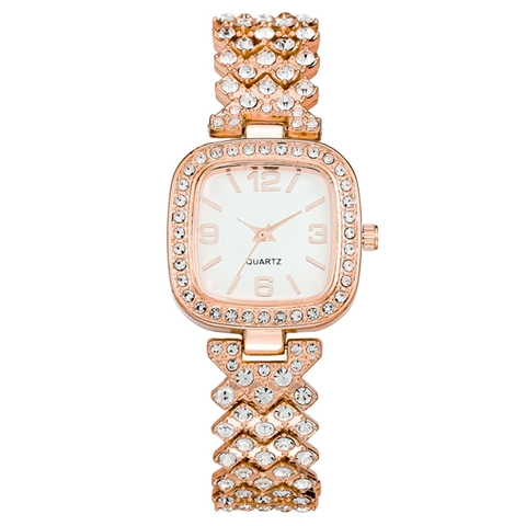 Montre Quartz Pour Femme Cadran Carré Incrusté De Strass Cristal Bracelet Métallique Élégant Fermoir Bijoux Montre Bracelet