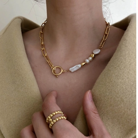 Artificial Baroque Pearl Splicing Gold Chain Necklace For Women French Vintage Style With Toggle Clasp Minimalist Jewelry