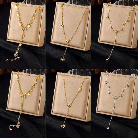 Collana Con Nappa A Forma Di Y In Acciaio Inossidabile Pendente Cuore Stella Strass Gioielli Minimalisti Donna
