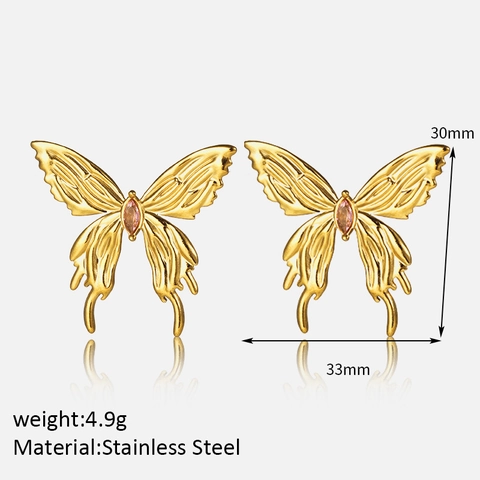 Pendientes de Botón de Acero Inoxidable de Mariposa 3D a la Moda Con Diamantes de Imitación Joyas de Mariposa Chapadas en Oro