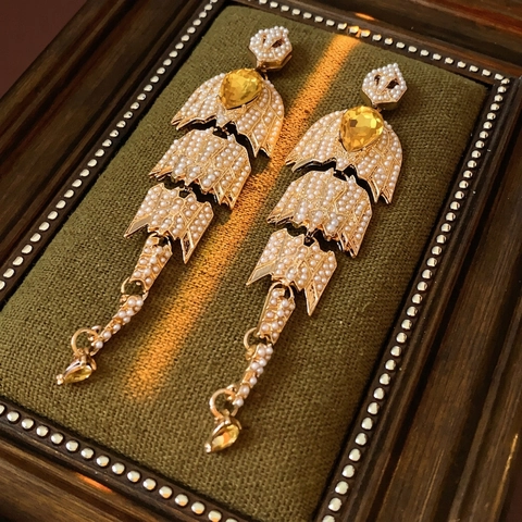 Vintage Tassel Drop Earrings With Alloy Rhinestone And Faux Artificial Pearl Silver Earring Post Palace Style Retro Jewelry Women