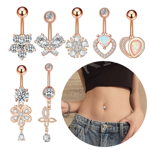 Piercing Ombelico Opale Sintetico Zircone Acciaio Inossidabile Gioielli Corpo Donna Pendente Fiore Cuore Farfalla