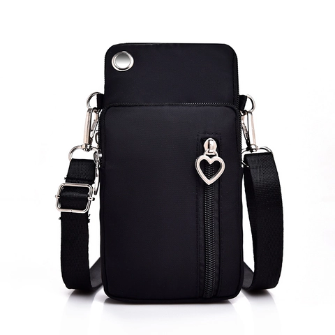 Mini Mobile Phone Crossbody Bag Oxford Fabric Multi-Layer Zipper Heart Puller Earphone Hole Waterproof Casual Handbag
