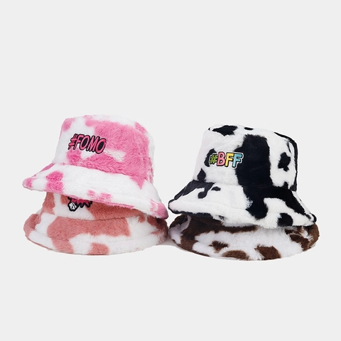 Cow Print Plüsch Fischerhut Kunstpelz Winter Warm Streetwear Mit Stickerei Patch Für Damen
