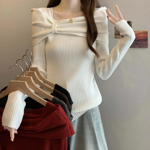 Pull En Maille Côtelée Ajusté Femme Col Carré Épaules Dénudées Noeud Manches Longues Élégant En Viscose