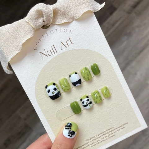 Press On Nails Hand Painted Panda Bamboo Chinese Style Green White Cute Reusable False Nails For Women