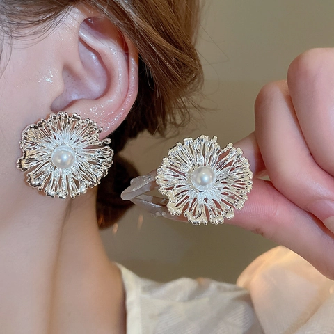 Orecchini A Bottone Fiore Con Perla Artificial Sintetica Rame Metallico Eleganti Gioielli Floreali Per Donna Perno In Argento