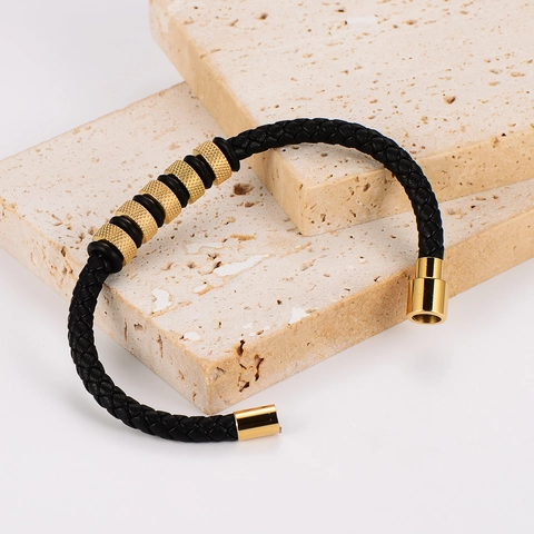Pulsera Para Hombre De Cuero Trenzado Con Cierre Magnético De Acero Inoxidable 304 Y Cuentas Moleteadas Joyería Punk Retro