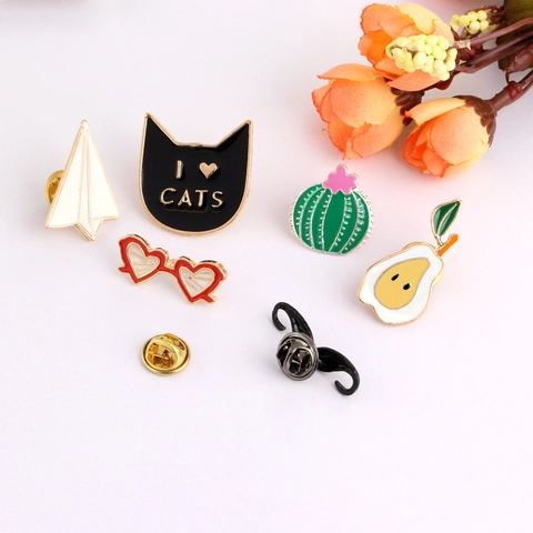Cartoon Brooch Pins Enamel Alloy Cat Cactus Pear Ice Cream Plane Heart Glasses Mustache Cute Decorative Badge