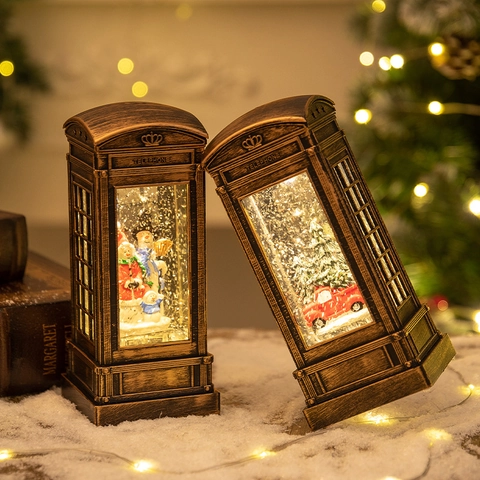 Weihnachts Schneekugel Telefonzelle Laterne Musik LED Beleuchtet Glitzer Wasser Schneefall Retro Feiertag Deko