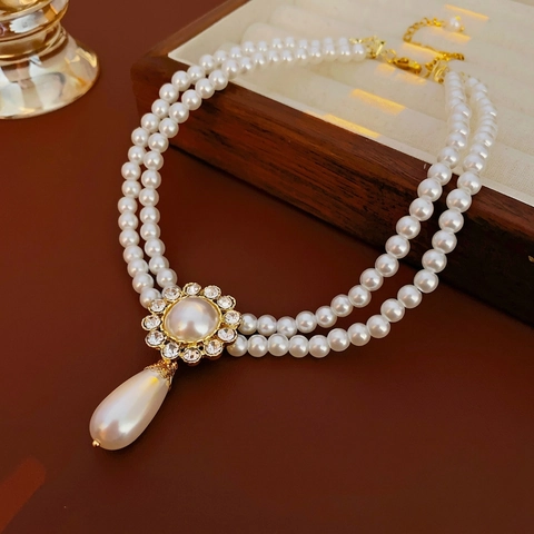 French Retro Double Layer Artificial Pearl Necklace With Teardrop Pendant Rhinestone Flower Alloy Elegant Jewelry For Women