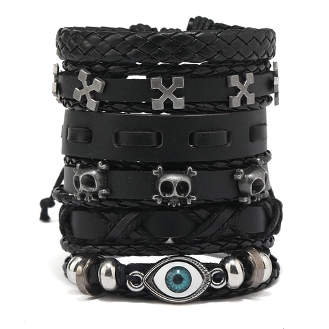 Bracciale in Pelle Artificiale Intrecciata Multistrato Punk Con Teschio Malocchio Croce per Uomo Gioielli Gothic Vintage Nero