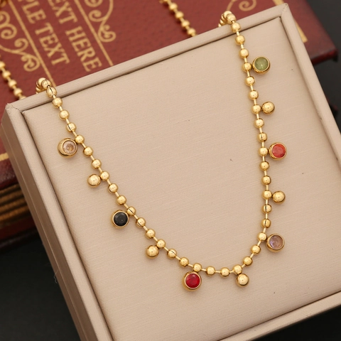 Stainless Steel Jewelry With Colorful Cubic Zirconia Round Bead Chain Necklace Bracelet Earrings Fashion For Women