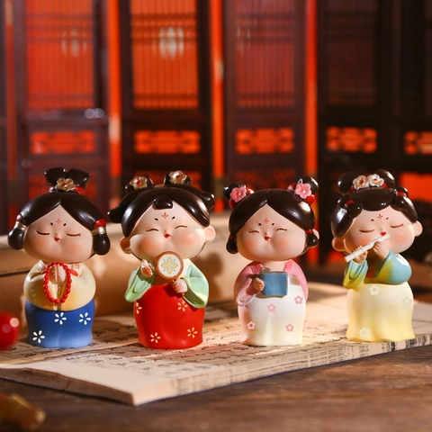 Ancient Chinese Lady Figurines Resin Q Version Tang Dynasty Girl Statue Desktop Decor Cute Art Ornament