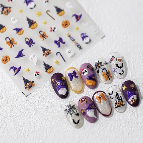 Halloween 5D Embossed Nail Art Stickers Pumpkin Ghost Witch Hat Bat Pattern Rhinestone DIY Manicure Decoration