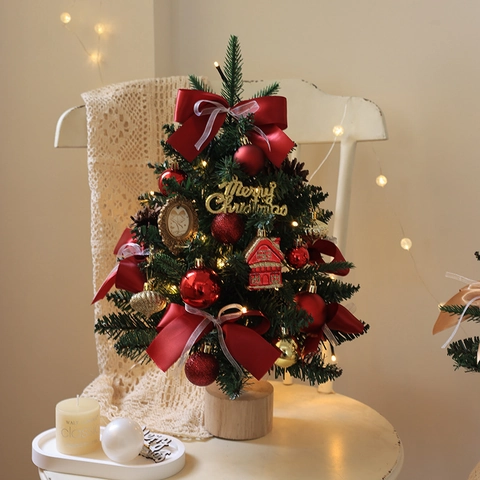 Mini Desktop Christmas Tree With LED String Lights Ornaments And Wooden Base For Holiday Table Decoration