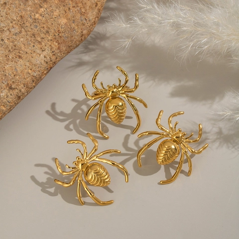 Unique Stainless Steel Spider Stud Earrings And Adjustable Ring Gold Plated Punk Niche Jewelry For Women Halloween Party