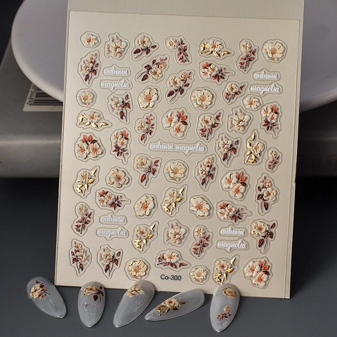 Pegatinas Uñas 5D Relieve Flor De Magnolia Otoño Lámina Dorada Impermeable Elegante Calcomanías Manicura DIY