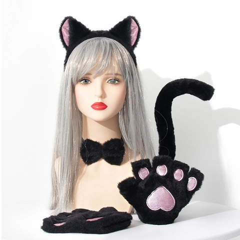 Cat Cosplay Accessories Plush Ear Headband Paw Gloves Tail Choker For Anime Party Costume Cute Soft Animal Props