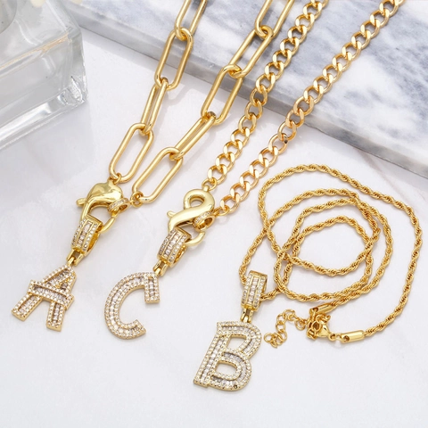 Iced Out Initial Letter Necklace Copper Zircon Hip Hop Pendant Fashion Jewelry For Men Women Gold Color