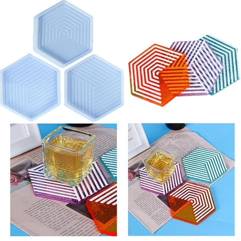 Zeshoekige Siliconen Vorm Geometrische Streeptextuur DIY Hars Epoxy Ambachtelijk Gereedschap Voor Maken Van Onderzetters