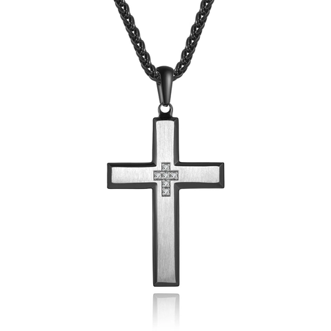 Collar Con Colgante De Cruz Acero Inoxidable Bicolor Negro Plata Con Zircón Joyería Punk Religiosa Hombre Mujer