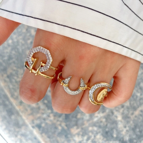 18K Gold Plated Copper Geometric Opening Ring Women Fashion Pave Rhinestone Figure Relief Moon Adjustable Finger Ring Jewelry