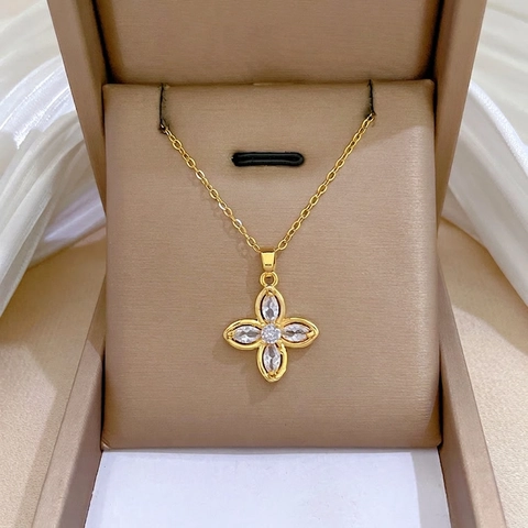 Collana Con Ciondolo Quadrifoglio Acciaio Inossidabile Catena Titanio Rame Zircone Gioielli Per Donne