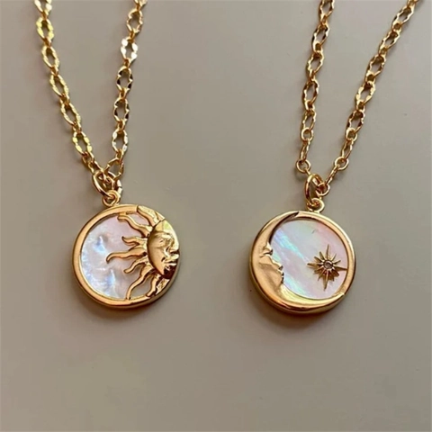 Sun Moon Pendant Necklace Brass 14K Gold Plated Mother Of Artificial Pearl Shell Zircon Celestial Clavicle Chain Jewelry For Women